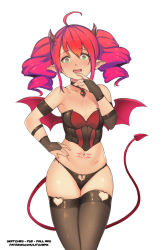 Rule 34 | 1girl, ahoge, bad id, bad pixiv id, black thighhighs, blush, breasts, choker, demon girl, demon tail, demon wings, drill hair, fang, full-face blush, green eyes, hair between eyes, horns, looking at viewer, navel, open mouth, original, pointy ears, red hair, small breasts, snortzog, solo, standing, stomach tattoo, tail, tattoo, thighhighs, twin drills, white background, wings