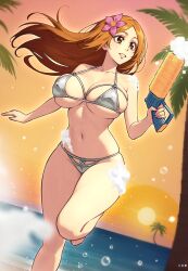 1girl absurdres bare_shoulders beach bikini bleach blush breasts cleavage dynamitenatalia gradient_sky highres inoue_orihime large_breasts long_hair navel orange_eyes orange_hair orange_sky parted_bangs parted_lips shore sky smile solo sunset swimsuit thighs twilight water_gun