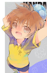 Rule 34 | 1boy, arms up, bad id, bad pixiv id, ball, brown eyes, brown hair, handa shin&#039;ichi, highres, holding, inazuma eleven, inazuma eleven (series), looking at viewer, looking up, makino (sinobusan), male focus, open mouth, short hair, soccer ball, solo, telstar, transparent