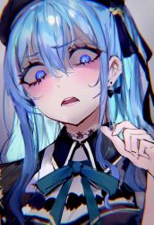 Rule 34 | 1girl, absurdres, blue eyes, blue hair, blue ribbon, blush, bow, bow earrings, colored inner hair, disgust, earrings, hand up, hat, highres, hololive, hoshimachi suisei, hoshimachi suisei (streetwear), jewelry, looking at viewer, mile (off8mile), multicolored hair, neck ribbon, one side up, open mouth, ribbon, solo, upper body, virtual youtuber, wide-eyed