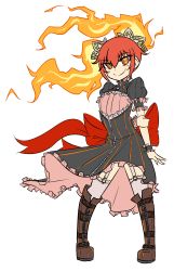 Rule 34 | 1girl, arm behind back, boots, bow, brown footwear, contrapposto, eyebrows, fiery hair, fire, flat chest, frills, full body, garter straps, highres, juliet sleeves, knee boots, long sleeves, looking at viewer, mascot, matsu-sensei, megalomachia2, orange eyes, orange hair, puffy sleeves, red hair, ringed eyes, simple background, smile, solo, standing, twintails, white background, wrist cuffs