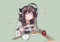 Rule 34 | 1girl, ^ ^, ahoge, blush, bowl, brown hair, chopsticks, closed eyes, closed mouth, dated, facing viewer, food, food request, green background, headgear, holding, holding chopsticks, holding plate, japanese clothes, kimono, lamb (hitsujiniku), long sleeves, obi, plate, rice, sash, simple background, solo, touhoku kiritan, translation request, two side up, upper body, voiceroid, white kimono, wide sleeves