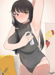 Rule 34 | 1girl, 1other, arm behind head, arm up, armpits, beret, black hair, blush, boca, breasts, covered navel, girls&#039; frontline, hat, heterochromia, highres, large breasts, long hair, red eyes, ro635 (girls&#039; frontline), s-head commander, spread legs, sweat, twintails, yellow eyes
