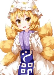Rule 34 | 1girl, animal hat, blonde hair, cowboy shot, dress, fox tail, hat, highres, long sleeves, looking at viewer, mob cap, multiple tails, open mouth, own hands together, ruu (tksymkw), short hair, simple background, sleeves past fingers, sleeves past wrists, smile, solo, standing, tabard, tail, touhou, white background, white dress, white hat, wide sleeves, yakumo ran, yellow eyes, yellow tail