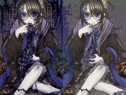 blood blood_on_clothes blood_on_mouth blue_blood blue_eyes blue_hair blue_ribbon brown_hair brown_jacket brown_skirt bruise bruise_on_leg dress frilled_dress frills glasses guro hair_ornament hairpin highres injury intestines jacket long_hair multicolored_hair original ribbon round_eyewear sitting skirt sweat two-tone_hair very_long_hair wuwuren