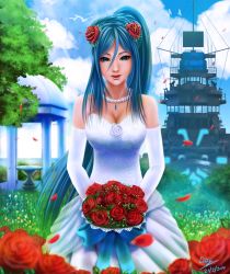 Rule 34 | 10s, 1girl, :d, aoki hagane no arpeggio, bare shoulders, bird, blue eyes, blue hair, blurry, bouquet, breasts, cleavage, day, dej (shiori2525), depth of field, dress, elbow gloves, field, flower, flower field, flower on head, gloves, hair flower, hair ornament, highres, jewelry, looking at viewer, matching hair/eyes, medium breasts, military, military vehicle, necklace, open mouth, petals, realistic, rose, seagull, shiori2525, ship, smile, solo, takao (aoki hagane no arpeggio), tree, warship, watercraft, wedding dress, white dress, white gloves