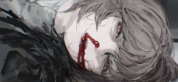 Rule 34 | 1girl, blood, blood on face, close-up, death, female focus, grey eyes, grey hair, highres, jiz (pffbq), looking at viewer, lying, nosebleed, on side, original, pale skin, parted lips, solo