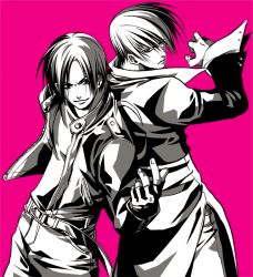 Rule 34 | 2boys, gloves, kusanagi kyou, male focus, monochrome, multiple boys, short hair, simple background, smile, snk, the king of fighters, yagami iori