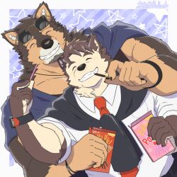 Rule 34 | 2boys, absurdres, animal ears, bara, brown fur, collared shirt, couple, dog boy, dog ears, dutch angle, eye contact, eyewear on head, facial hair, feeding, food, food in mouth, furry, furry male, furry with furry, goatee, grin, happy, highres, holding, holding food, holding pocky, large pectorals, live a hero, looking at another, male focus, male protagonist (live a hero), mallards, multiple boys, muscular, muscular male, pectorals, pocky, pocky day, pocky in mouth, pubraseer (live a hero), shirt, short hair, smile, sunglasses, thick eyebrows, two-tone fur, upper body, yaoi