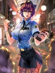 Rule 34 | 1girl, aiguillette, bad id, bad pixiv id, badge, belt, between breasts, black-framed eyewear, black necktie, black skirt, blue shirt, bracelet, breasts, ceiling, chocolate, collared shirt, cowboy shot, cuffs, dress shirt, eyelashes, faceless, furyou michi ~gang road~, glasses, handcuffs, hat, holding, jewelry, lace, lace legwear, lamp, large breasts, lens flare, looking at viewer, milin (orange maru), miniskirt, multiple boys, nail polish, necktie, necktie between breasts, night, outdoors, pantyhose, parted lips, pencil skirt, pink nails, police, police uniform, policewoman, purple hair, shirt, short hair, short sleeves, side slit, skirt, solo focus, stitches, storefront, tile floor, tiles, uniform, yellow eyes