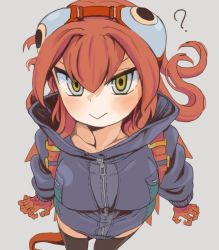 Rule 34 | 1girl, :&gt;, ?, animal hands, backpack, bag, black thighhighs, blush, breasts, closed mouth, extra eyes, grey background, grey jacket, hairband, jacket, large breasts, long sleeves, looking at viewer, megame (okbnkn), monster girl, orange hair, original, scales, simple background, smile, solo, thighhighs, yamamo-chan (okbnkn), yellow eyes