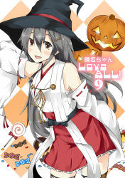 Rule 34 | 10s, 1girl, absurdres, argyle, argyle background, argyle clothes, black hair, black thighhighs, brown eyes, candy, detached sleeves, doughnut, food, hair ornament, hairclip, halloween, haruna (kancolle), hat, highres, jack-o&#039;-lantern, japanese clothes, kantai collection, lollipop, long hair, long sleeves, miko, open mouth, ribbon-trimmed sleeves, ribbon trim, sarashi, smile, solo, suna (sunaipu), thighhighs, very long hair, wide sleeves, witch hat, zettai ryouiki