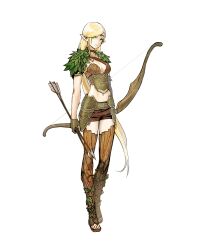 Rule 34 | 1girl, anwen, arrow (projectile), blonde hair, boots, bow (weapon), breasts, brown choker, brown footwear, brown gloves, brown shorts, choker, clash of heroes, cleavage, closed mouth, diadem, elf, facial mark, full body, gloves, green eyes, half gloves, heroes of might and magic, heroes of might and magic v, highres, holding, holding arrow, holding bow (weapon), holding weapon, leaf, long hair, long pointy ears, looking at viewer, medium breasts, might and magic, navel, partially fingerless gloves, pointy ears, shorts, simple background, standing, tb (spr1110), thigh boots, very long hair, weapon, white background