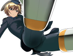 Rule 34 | 10s, 1girl, animal ears, ass, back-seamed legwear, blonde hair, brave witches, brown eyes, cameltoe, from below, hat, kanchou (karaja), military, military uniform, pantyhose, seamed legwear, short hair, solo, strike witches, striker unit, tail, uniform, waltrud krupinski, world witches series