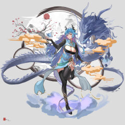 1girl absurdres bare_hips blue_hair breasts china_dress chinese_clothes cleavage cleavage_cutout clothing_cutout cnwli dragon dragon_girl dress eastern_dragon eastern_dragon_horns eastern_dragon_tail gradient_hair highres large_breasts long_hair mandarin_collar multicolored_hair original pelvic_curtain purple_hair red_eyes skindentation thick_thighs thighhighs thighs tsurime very_long_hair