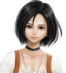 Rule 34 | 1girl, black hair, breasts, brown eyes, choker, cleavage, closed mouth, commentary request, final fantasy, final fantasy ix, garnet til alexandros xvii, jewelry, looking at viewer, necklace, ogamiya jin, short hair, simple background, smile, solo, white background