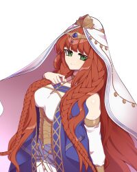 Rule 34 | 1girl, absurdres, bare shoulders, blue dress, braid, breasts, circlet, closed mouth, collarbone, detached sleeves, dress, fate/grand order, fate (series), green eyes, hand on own chest, haydee (fate), headpiece, highres, hyperbudd, jewelry, large breasts, long hair, looking at viewer, orange hair, smile, solo, veil, white background