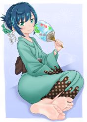 Rule 34 | 1girl, barefoot, blue background, blue eyes, blue hair, dark blue hair, delicious party precure, fan, feet, foot focus, fuwa kokone, highres, japanese clothes, light blush, long hair, looking at viewer, precure, smile, soles, toes