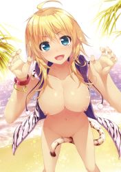 Rule 34 | 1girl, absurdres, ahoge, alpha (yukai na nakamatachi), beach, between legs, blonde hair, blue eyes, bottomless, breasts, cat girl, cat tail, collarbone, cowboy shot, groin, hair between eyes, highres, hood, hooded track jacket, jacket, large breasts, light particles, navel, nipples, original, outdoors, palm tree, perspective, puffy nipples, pussy, sand, short hair, sidelocks, solo, standing, tail, tail between legs, thighs, tongue, track jacket, tree, water