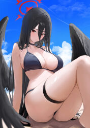 Rule 34 | 1girl, alternate costume, ass, bare arms, bare shoulders, bikini, black bikini, black hair, black wings, blue archive, blue sky, breasts, cleavage, cloud, cloudy sky, commentary request, day, feathered wings, hair between eyes, halo, haro art, hasumi (blue archive), highres, knees up, large breasts, long bangs, long hair, looking at viewer, low wings, outdoors, red eyes, red halo, sitting, sky, solo, swimsuit, thigh strap, thighs, very long hair, wings