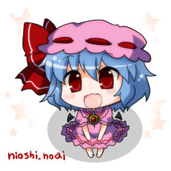 Rule 34 | 1girl, :3, bad id, bad pixiv id, bat wings, blue hair, blush, bow, brooch, chibi, dress, fangs, hat, hat bow, jewelry, looking at viewer, mob cap, noai nioshi, open mouth, pink dress, puffy sleeves, red eyes, remilia scarlet, short sleeves, sitting, smile, solo, star (symbol), touhou, wings