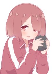 Rule 34 | 1girl, :d, blush, breasts, brown hair, commentary request, cup, hair over one eye, hands up, hatafuta, holding, holding cup, hoshino miyako (wataten), jacket, long sleeves, looking at viewer, open mouth, red eyes, red jacket, shirt, short hair, simple background, smile, solo, track jacket, upper body, watashi ni tenshi ga maiorita!, white background, white shirt