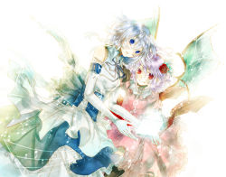 2girls alternate_costume bat_wings blue_eyes elbow_gloves female_focus flower gloves hair_flower hair_ornament izayoi_sakuya multiple_girls musical_note purple_hair red_eyes red_flower red_rose remilia_scarlet ribbon rose silver_hair musical_staff ta_eiko taeko_(tao) touhou wings