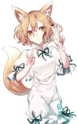Rule 34 | 1girl, :3, \m/, absurdres, animal ear fluff, animal ears, blonde hair, breasts, closed mouth, collared dress, cowboy shot, curly hair, dress, fox ears, fox girl, fox tail, frilled sleeves, frills, highres, holding, holding test tube, kudamaki tsukasa, light particles, looking to the side, medium breasts, puffy short sleeves, puffy sleeves, short hair, short sleeves, simple background, solo, soraki (marisa syou), tail, test tube, touhou, white background, white dress, yellow eyes