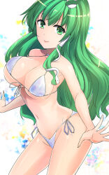Rule 34 | 1girl, bikini, breasts, cleavage, closed mouth, commentary request, frog hair ornament, green eyes, green hair, hair ornament, highres, kochiya sanae, large breasts, long hair, navel, one-hour drawing challenge, side-tie bikini bottom, smile, snake hair ornament, solo, swimsuit, touhou, white background, white bikini, y2