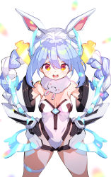 Rule 34 | 1girl, :d, bare shoulders, black gloves, blue hair, braid, breasts, carrot hair ornament, commentary request, deva battle suit, don-chan (usada pekora), elbow gloves, food-themed hair ornament, fujishima-sei ichi-gou, gloves, hair between eyes, hair ornament, hands on own hips, headgear, highres, hololive, leotard, long hair, medium breasts, multicolored hair, open mouth, rakuen tsuihou, red eyes, short eyebrows, sidelocks, smile, standing, teeth, thick eyebrows, twin braids, twintails, two-tone hair, upper teeth only, usada pekora, very long hair, virtual youtuber, white background, white hair, white leotard