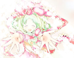 Rule 34 | 1girl, bad id, bad pixiv id, closed eyes, cusozee, female focus, frills, front ponytail, green hair, hair ribbon, happy, kagiyama hina, long hair, no nose, open mouth, outstretched arms, pov, reaching, ribbon, short sleeves, smile, solo, teeth, touhou