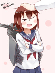 Rule 34 | &gt; &lt;, 10s, 1girl, 2014, blush, brown hair, crossed arms, dated, closed eyes, fang, hair ornament, hairclip, head pat, hibiki (pixiv231666), ikazuchi (kancolle), kantai collection, machinery, open mouth, headpat, short hair, solo focus, sui (tsuruhibiki), turret, twitter username