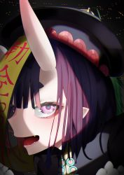 Rule 34 | 1girl, absurdres, bad id, bad twitter id, bob cut, china dress, chinese clothes, commentary, dress, eyeliner, fate/grand order, fate (series), hat, highres, horns, jiangshi, light, looking at viewer, makeup, official alternate costume, ofuda, oni, open mouth, pointy ears, portrait, purple eyes, purple hair, qingdai guanmao, san (harutuki 3), shadow, short eyebrows, short hair, shuten douji (fate), shuten douji (festival outfit) (fate), skin-covered horns, smile, solo