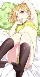 Rule 34 | 10s, 1girl, absurdres, animal print, arm behind head, armpits, ass, bed sheet, black socks, blonde hair, bow, bow bra, bra, breasts, crab, crab print, fang, green bra, green panties, hamaken. (novelize), hand to own mouth, highres, jpeg artifacts, kantai collection, knees together feet apart, lace, lace-trimmed bra, lace trim, legs up, looking at viewer, lying, medium breasts, no shoes, oboro (kancolle), on back, on bed, open bra, open mouth, panties, pillow, short hair, socks, solo, teeth, underboob, underwear, underwear only, yellow bra, yellow eyes, yellow panties
