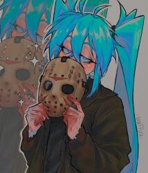 Rule 34 | 1girl, aqua eyes, aqua hair, black shirt, blood, blood on hands, blush, commentary, cosplay, covering own mouth, english commentary, friday the 13th, green jacket, grey background, halloween costume, hatsune miku, highres, jacket, jason voorhees, jason voorhees (cosplay), long hair, looking at viewer, mask, sainttufa, shirt, signature, solo, twintails, unworn mask, vocaloid, zoom layer