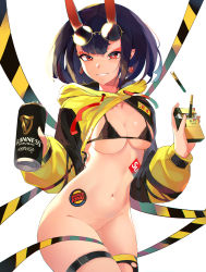 Rule 34 | 1girl, absurdres, baggy clothes, bikini, black bikini, blush, bob cut, bottomless, breasts, can, cropped jacket, earrings, eyewear on head, fate/grand order, fate (series), grin, highres, holding, holding can, horns, jewelry, long sleeves, looking at viewer, navel, okoru ringo, oni, purple eyes, purple hair, short hair, shuten douji (fate), skin-covered horns, small breasts, smile, solo, sticker, sunglasses, swimsuit, thighs
