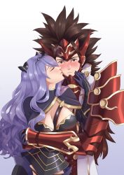 Rule 34 | 1boy, 1girl, absurdres, aequorine, arm guards, armor, blush, breasts, brown hair, camilla (fire emblem), capelet, embarrassed, closed eyes, fire emblem, fire emblem fates, gloves, headgear, hetero, highres, hug, hug from behind, kiss, large breasts, long hair, nintendo, purple hair, ryoma (fire emblem), spiked hair, very long hair