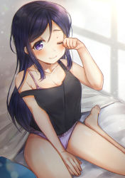 Rule 34 | 10s, 1girl, ;), bad id, bad pixiv id, bare shoulders, barefoot, bed, bed sheet, black tank top, blue hair, blush, bra strap, breasts, cleavage, commentary, hair between eyes, hair down, highres, indoors, lace, lace-trimmed panties, lace trim, lens flare, lens flare abuse, long hair, looking at viewer, love live!, love live! sunshine!!, matsuura kanan, medium breasts, mkzk nagi, on bed, one eye closed, panties, purple eyes, purple panties, rubbing eyes, sitting, sleeveless, smile, solo, strap slip, tank top, thighs, underwear, waking up, wariza, window