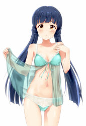Rule 34 | 1girl, aqua babydoll, aqua panties, babydoll, blue hair, blunt bangs, blush, breasts, cleavage, collarbone, cowboy shot, hand on own chest, highres, idolmaster, idolmaster million live!, kitakami reika, lifting own clothes, lingerie, long hair, looking at viewer, medium breasts, navel, orange eyes, panties, parted lips, simple background, solo, stomach, suke (momijigari), twintails, underwear, very long hair, white background