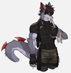 Rule 34 | 1boy, animal ears, applying bandages, artist name, bandaged arm, bandages, black gloves, black shirt, blood, blood on arm, body fur, brown hair, brown pants, cigarette, claws, cowboy shot, cuts, fingerless gloves, fish7163, furry, furry male, gloves, grey fur, hand up, highres, holding, holding cigarette, injury, looking down, lowleg, male focus, mouth hold, original, pants, red eyes, shirt, short hair, short sleeves, simple background, skin tight, solo, tail, toned, toned male, white background, wolf boy, wolf ears