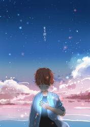 Rule 34 | 1boy, black shirt, blue shirt, blue sky, blush stickers, brown hair, closed mouth, cloud, collared shirt, covered eyes, dusk, evening, facing viewer, glowing, hand on own chest, highres, layered clothes, long sleeves, messy hair, open clothes, open shirt, original, sakurada chihiro, scenery, shirt, short hair, sky, smile, solo, upper body