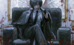 Rule 34 | 1girl, absurdres, black hair, black necktie, black suit, blood, blood on clothes, blood on face, blood on hands, blood on wall, blue eyes, chair, crossed legs, fingernails, formal, gun, hair between eyes, highres, holding, holding gun, holding weapon, indoors, jacket, jacket on shoulders, looking at viewer, lower teeth only, necktie, open mouth, original, picture frame, pointing weapon, qunqing123, short hair, sitting, smile, solo, suit, teeth, weapon