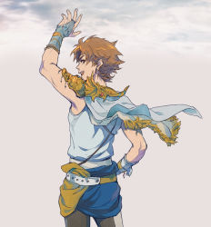 Rule 34 | 1990s (style), 1boy, bad id, bad pixiv id, blue eyes, bridal gauntlets, brown hair, bartz klauser, cape, dissidia final fantasy, final fantasy, final fantasy v, from behind, hand on own hip, male focus, open mouth, shiga (nattou mo), smile, solo, standing, waving