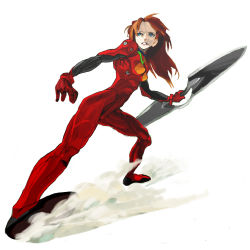 Rule 34 | bad id, bad pixiv id, blue eyes, double-blade, foreshortening, from side, full body, legs apart, mahha, neon genesis evangelion, plugsuit, red hair, simple background, skin tight, solo, souryuu asuka langley, standing, sword, weapon, white background