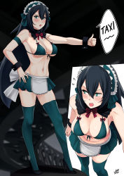 Rule 34 | 1girl, apron, arm strap, armpits, bare shoulders, bikini, bikini top only, black footwear, black hair, blue eyes, bow, bowtie, breasts, cleavage, commentary, detached collar, from above, front-tie bikini top, front-tie top, full body, green bikini, green skirt, green thighhighs, gundam, gundam build divers, gundam build divers re:rise, hand on own hip, high heels, highres, long hair, looking at viewer, looking to the side, maid apron, maid headdress, may (gundam build divers re:rise), medium breasts, miniskirt, multiple views, navel, open mouth, outstretched arm, skindentation, skirt, speech bubble, standing, stomach, swimsuit, thighhighs, thumbs up, v-shaped eyebrows, very long hair, waist apron, wrist cuffs, xter, zettai ryouiki