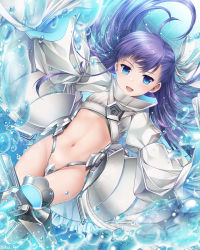 Rule 34 | 10s, 1girl, armor, armored boots, blue eyes, boots, bubble, coat, crotch plate, fate/extra, fate/extra ccc, fate/grand order, fate (series), hands in opposite sleeves, highleg, kei kei, long hair, looking at viewer, lying, meltryllis (fate), meltryllis (third ascension) (fate), navel, on back, open mouth, over-kneehighs, purple hair, revealing clothes, smile, solo, thighhighs, thighs, white coat