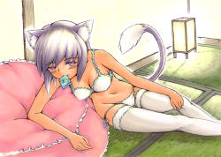 Rule 34 | 1girl, animal ears, blush, breasts, cat ears, cat tail, cleavage, condom, condom in mouth, daizu (323449), daizu sanchi, lace, lace-trimmed panties, lace trim, lingerie, lowleg, lowleg panties, medium breasts, mouth hold, navel, original, panties, purple eyes, purple hair, short hair, side-tie panties, solo, tail, thighhighs, traditional media, underwear, white panties