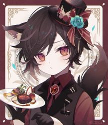 Rule 34 | 1boy, animal ear fluff, animal ears, beef, black gloves, black hair, black hat, card, card background, cat boy, cat ears, cat tail, child, commentary, formal, frown, gloves, hat, highres, looking at viewer, male focus, namiki itsuki, original, roast beef, short hair, solo, symbol-only commentary, tail