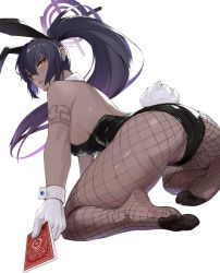Rule 34 | 1girl, animal ears, ass, bare back, bare shoulders, black hair, black leotard, blue archive, breasts, card, closed mouth, commentary request, curvy, dark-skinned female, dark skin, detached collar, ear piercing, fake animal ears, feet, fishnet pantyhose, fishnets, from behind, full body, gloves, hair between eyes, halo, high ponytail, highleg, highleg leotard, holding, holding card, karin (blue archive), karin (bunny) (blue archive), l (twintilde), large breasts, leotard, lips, looking at viewer, multicolored hair, no shoes, numbered, official alternate costume, pantyhose, piercing, playboy bunny, purple hair, rabbit ears, rabbit tail, seiza, shiny clothes, simple background, sitting, soles, solo, spread legs, strapless, strapless leotard, streaked hair, tail, thighs, toes, two-tone hair, underboob, white background, white gloves, wide hips, wrist cuffs, yellow eyes