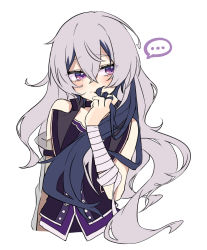Rule 34 | ..., bandaged arm, bandages, bare shoulders, black choker, black jacket, blue hair, blush, choker, corset, dark blue hair, detached sleeves, embarrassed, flat chest, flower (vocaloid), flower (vocaloid3), grey hair, hair between eyes, hair down, jacket, long hair, looking to the side, messy hair, multicolored hair, nervous, playing with own hair, purple hair, purple shirt, rsk (tbhono), see-through, see-through sleeves, shirt, sleeveless, sleeveless jacket, sleeveless shirt, spoken ellipsis, streaked hair, two-tone hair, upper body, very long hair, vocaloid, wavy hair